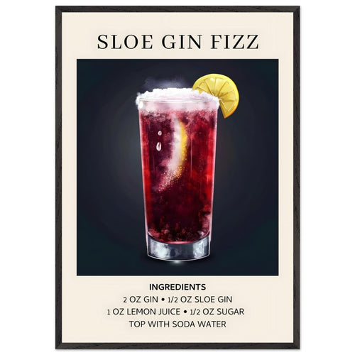 Artfulprints Poster met Lijst Sloe Gin Fizz cocktail - Ingrediënten   - 70x100 cm - Zwart