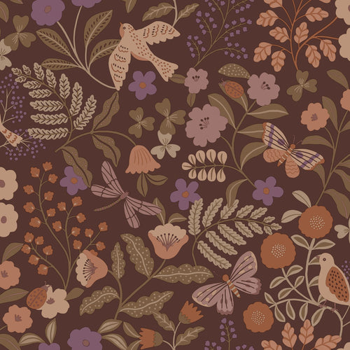 ESTAhome behang bloemen en vogels bruin, groen, terracotta en paars - 50 x 900 cm - 131467 - vtwonen shop