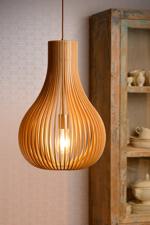 Lucide hanglamp BODO - 1xE27 - Lichte houtlook