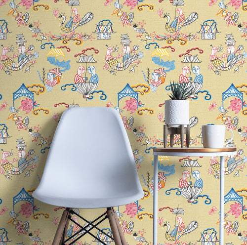 Walls4You behang surrealistisch motief geel en meerkleurig - 53 cm x 10 m - 640155