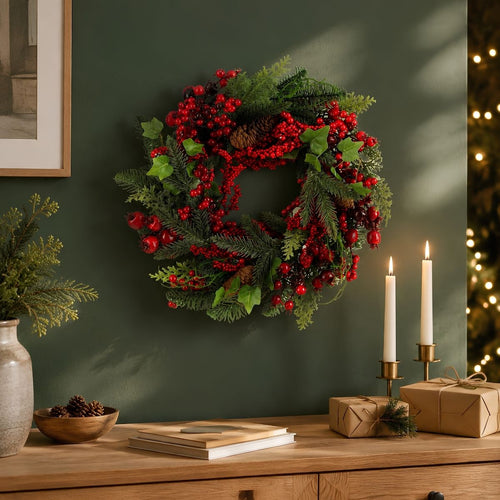 Mica Decorations Norah Kerstversiering - Kerstkrans met Dennenappels en Rode Besjes - Deurkrans voor Hal, Voordeur of Raam - Klassieke Kerstdecoratie