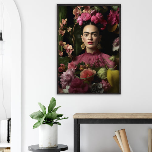 Artfulprints Poster met Lijst Frida Kahlo - Floral portrait   - 50x70 cm - Roze