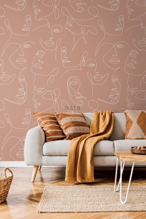 ESTAhome fotobehang line art gezichten terracotta en wit - 150 x 279 cm - 158960 - vtwonen shop