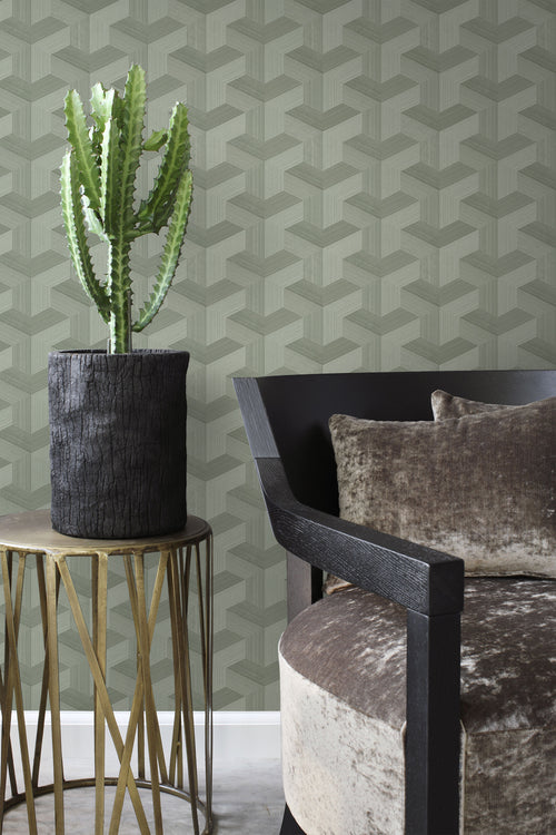 Origin Wallcoverings behang grafisch 3D motief vergrijsd groen - 50 x 900 cm - 348003 - vtwonen shop