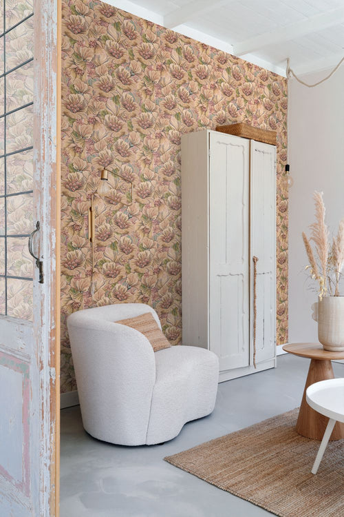 ESTAhome behang geborduurd bloemmotief bruin, beige en oudroze - 50 x 900 cm - 131295