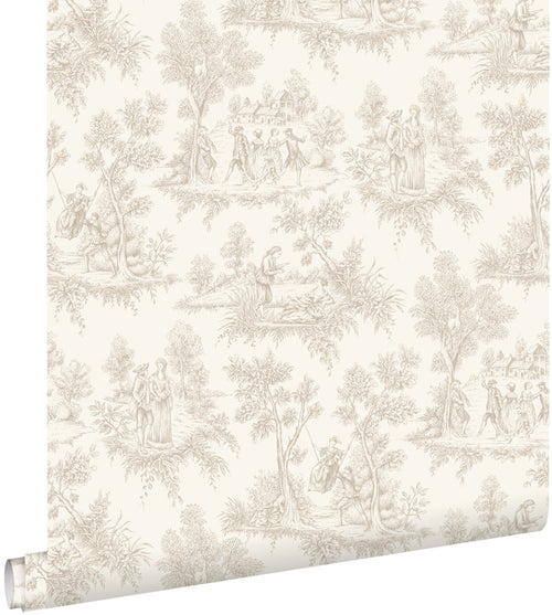 ESTAhome behang toile de jouy print beige - 50 x 900 cm - 132093