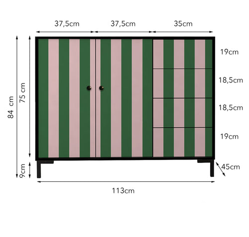 Laag dressoir van MDF met verticaal streeppatroon in groen- en rozetinten