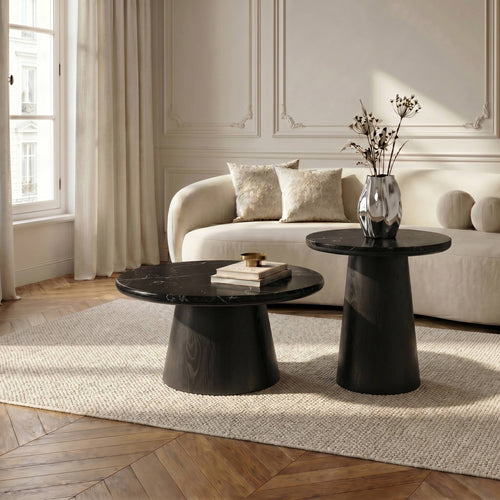 Premium Interiors - Bijzettafel VERO - multiplex en marmer zwart marmer en zwart hout 50cm