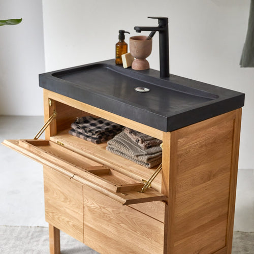 Tikamoon Massief eikenhouten en lavastenen badkamermeubel 80 cm - Naturel - vtwonen shop