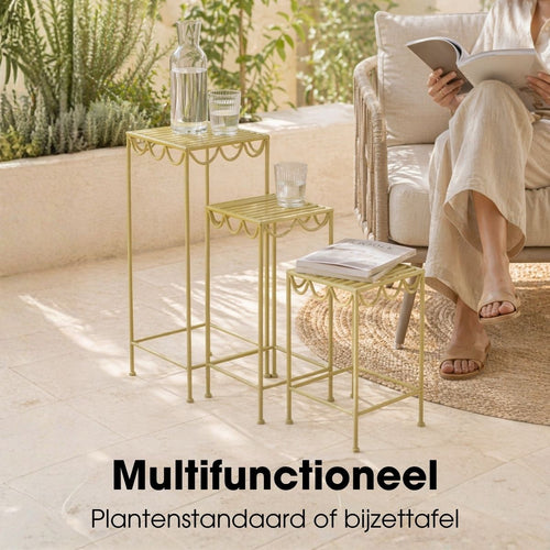 Mica Decorations Rosalie Planttafel voor Buiten - Plantenrek Set van 3 - Plantenstandaard voor Kamerplanten - Inklapbaar - IJzer - Lichtgroen