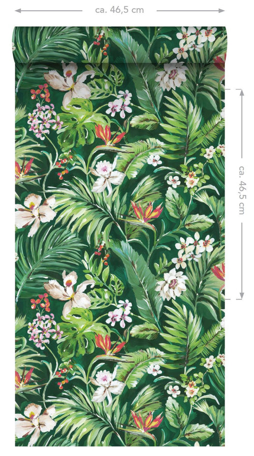 ESTAhome XXL behang tropische bladeren en bloemen emerald groen - 50 x 900 cm - 158893
