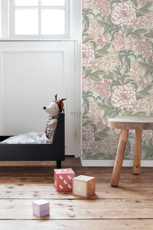 ESTAhome behang vintage bloemen oudroze en vergrijsd groen - 53 cm x 10.05 m - 139377