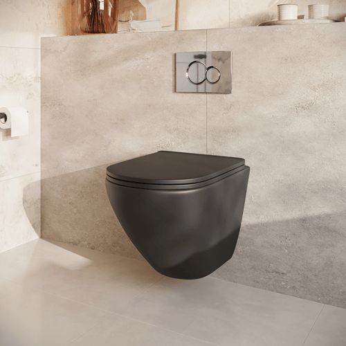LOMAZOO hangtoiletset Linea - met inbouwreservoir & ronde drukplaat - rond - chroom / zwart