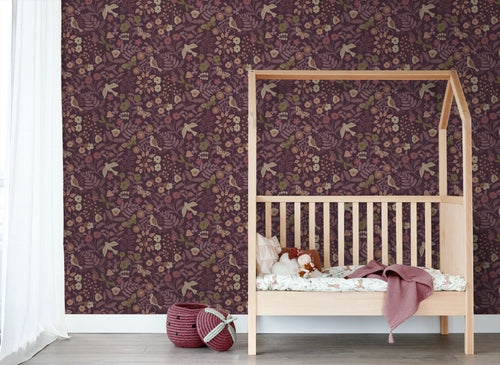 ESTAhome behang bloemen en vogels aubergine paars - 0.53 x 10.05 m - 131639