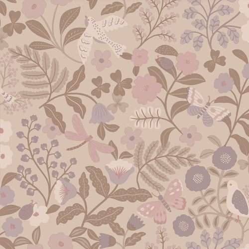 ESTAhome behang bloemen en vogels taupe en lila paars - 50 x 900 cm - 132231