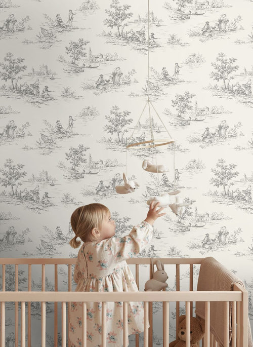 ESTAhome behang toile de jouy print grijs - 50 x 900 cm - 132106