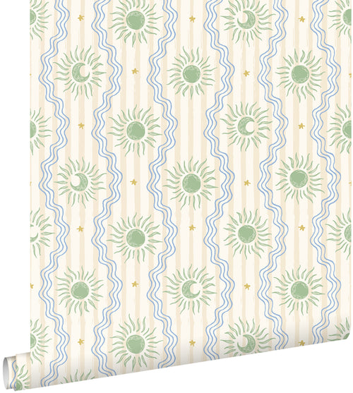 ESTAhome behang retro ornamenten beige, blauw en groen - 50 x 900 cm - 132015