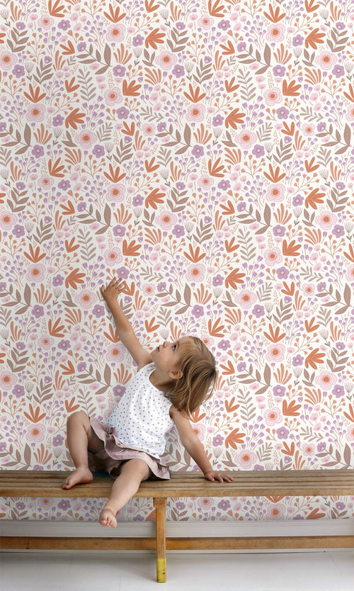 ESTAhome behang bloemetjes oranje en paars - 50 x 900 cm - 131067