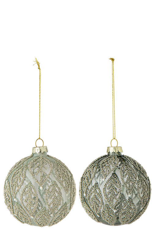 J-Line Kerstbal met bladeren - glas - mintgroen/donkergroen - assortiment van 2