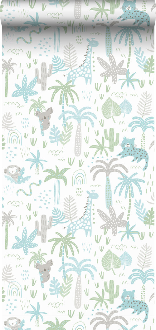 Sanders & Sanders behang jungle dieren groen, blauw en grijs - 53 cm x 10 m - 640449