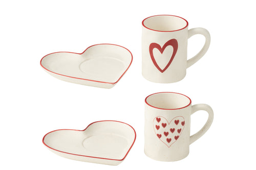 J-Line kop + schoteltje Hart - porselein - wit/rood - 2 stuks