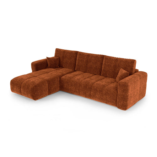 Premium Interiors - Linkshoekbank met slaapfunctie en opbergruimte VIBE - zacht aanvoelende geweven stof terracotta 286cm