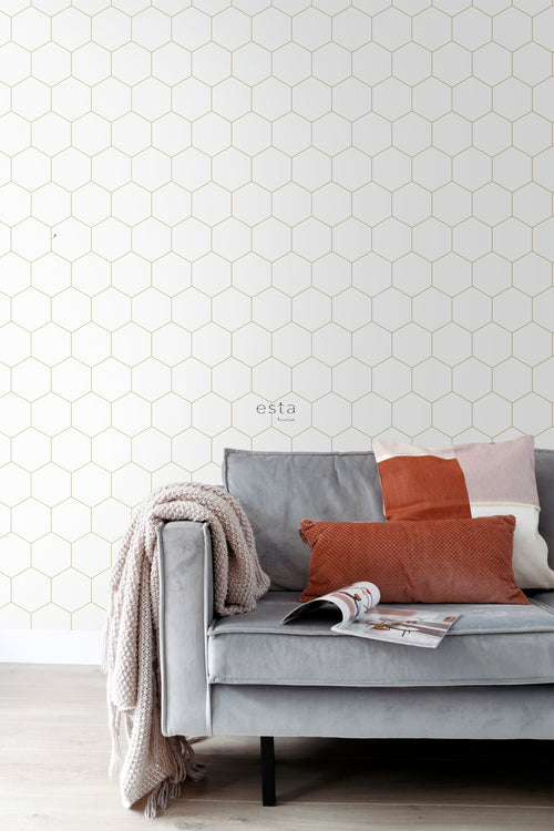 ESTAhome behang hexagon wit en goud - 53 cm x 10.05 m - 139312