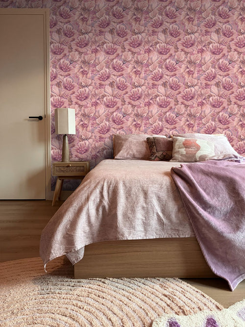 ESTAhome behang geborduurd bloemmotief paars en roze - 50 x 900 cm - 131293