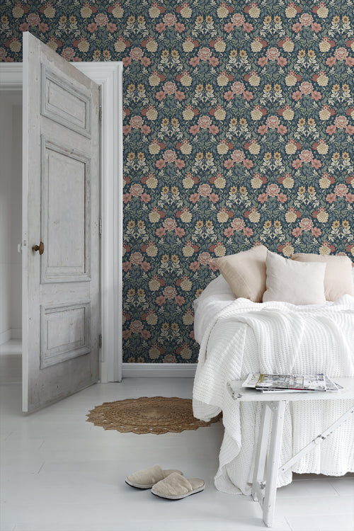 Borastapeter behang vintage bloemen in art nouveau stijl donkerblauw - 53 cm x 10.05 m - 660400 - vtwonen shop
