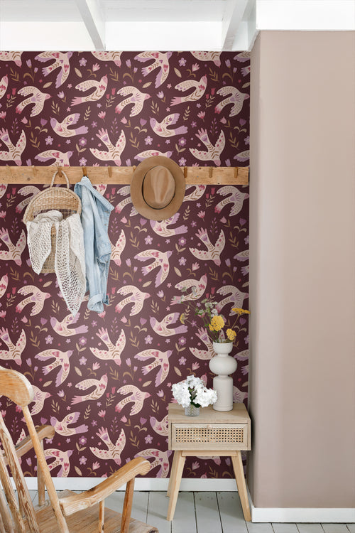 ESTAhome behang bloemen en vogels aubergine paars - 50 x 900 cm - 131759