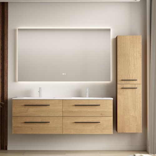 LOMAZOO badmeubelset Navero - met hoge kast & witte wastafel - licht eiken - 140 cm