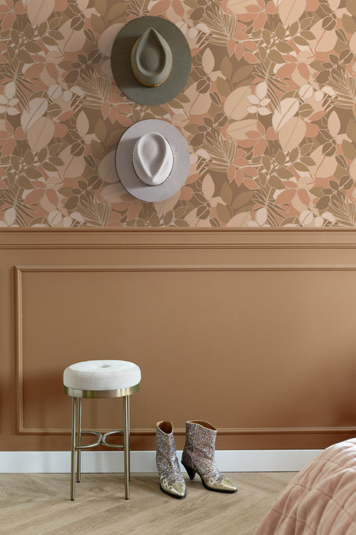 ESTAhome behang bladeren donker beige en terracotta roze - 50 x 900 cm - 139847 - vtwonen shop