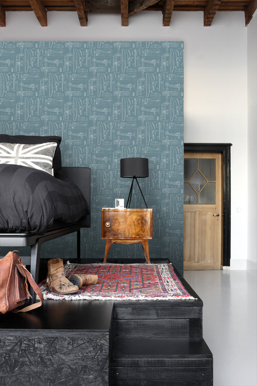 ESTAhome behang constructietekeningen van vliegtuigen blauw 53 cm x 10.05 m 128809