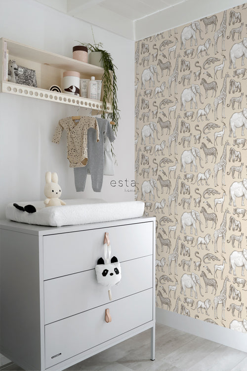 ESTAhome behang jungle dieren beige - 53 cm x 10.05 m - 139511