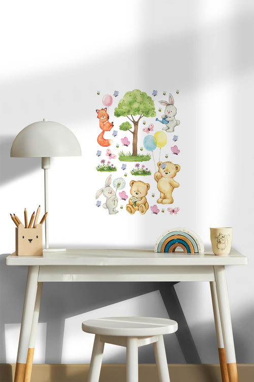 Sanders & Sanders muursticker bos met bosdieren multicolor - 65 x 42.5 cm - 601345