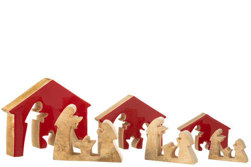 J-Line decoratie Kerststal in Huis - hout - rood/naturel - large - vtwonen shop