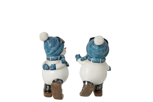 J-Line figuur Sneeuwman Wandelend - polyresin - blauw/wit - 2 stuks