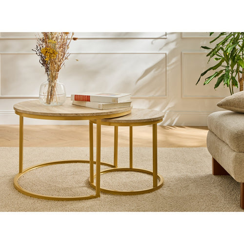 Calicosy - LENNY Set van 2 ronde salontafels - Eiken - 70x70x45,5 cm