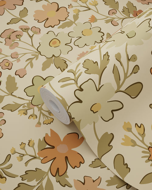 ESTAhome behang bloemetjes okergeel en donker beige - 50 x 900 cm - 131320 - vtwonen shop