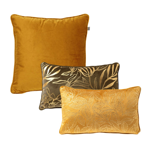 KUSSENSET - 3-delig - Bauke/Lonne - 45x45 cm, 30x50 cm - bladmotief - inclusief binnenkussens - geel, groen, goud