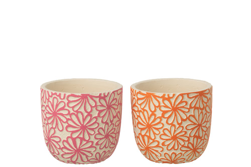 J-Line bloempot Rond Bloemen - keramiek - roze/oranje - large - set van 2
