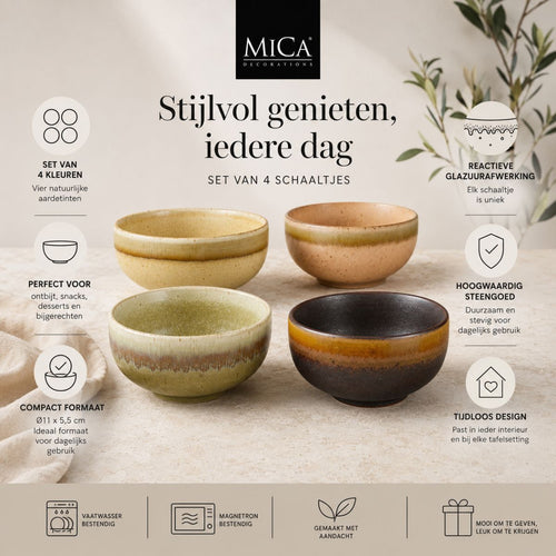 Mica Decorations Kommen Set 4 Stuks - Schaaltjes Set van Steengoed - Ontbijtkommen, Dessertkommen en Snackkommen - Ø11 x 5,5 cm - Aardetinten
