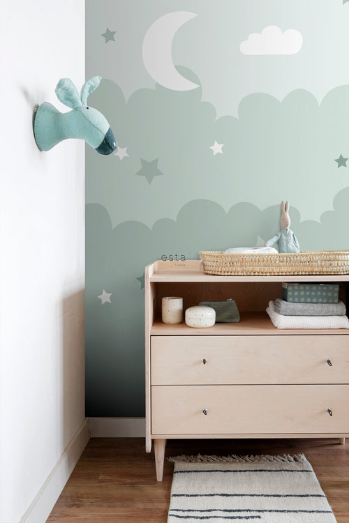 ESTAhome fotobehang wolken en sterren mintgroen - 200 x 279 cm - 159248 - vtwonen shop