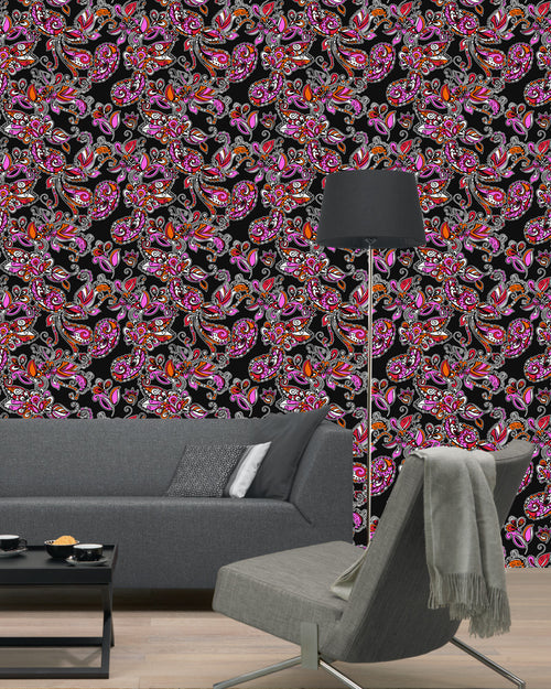 ESTAhome behang funky bloemen en paisleys zwart en rood - 53 cm x 10.05 m - 136842