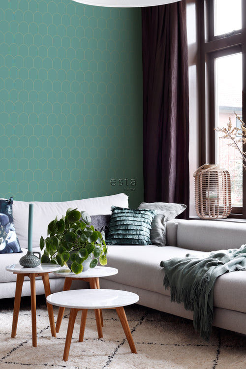 ESTAhome behang art deco motief zeegroen en goud - 53 cm x 10.05 m - 139204