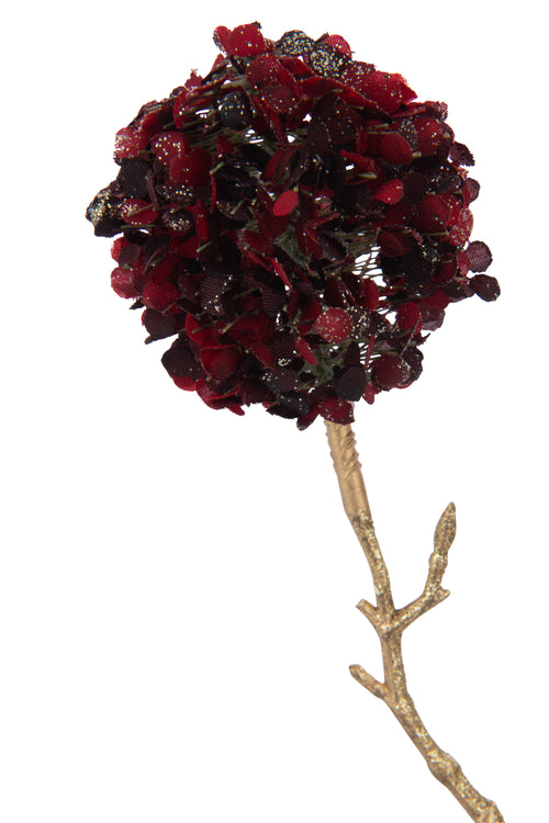 J-Line decoratie tak 2 Bloemen Pompons - kunststof - rood/goud - small - 12 st.