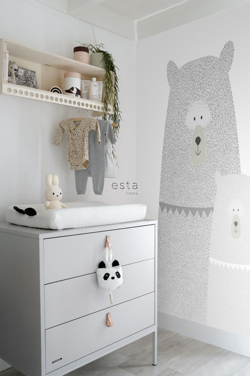 ESTAhome fotobehang beren moeder en kind lichtgrijs - 186 x 279 cm - 158837 - vtwonen shop