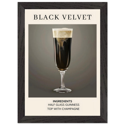 Artfulprints Poster met Lijst Black Velvet cocktail - Ingrediënten   - A4 21x29.7 cm - Zwart / Wit
