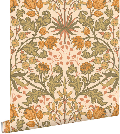 ESTAhome behang vintage bloemen in art nouveau stijl warm oranje en vergrijsd groen - 50 x 900 cm - 131175 - vtwonen shop