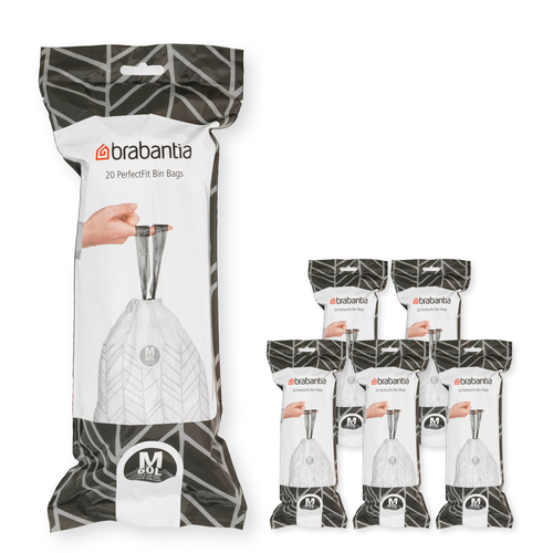 Brabantia PerfectFit Afvalzak, code M, 60 liter, 120 stuks, set van 6 rollen - White